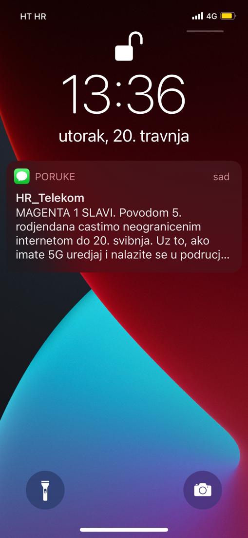 Slika 11. Promocija od Hrvatskog Telekoma poslana SMS porukom na mobilni uređaj korisnika Izvor : Snimka zaslona mobilnog uređaja nastala 20.4.2021. godine Oglas tj.