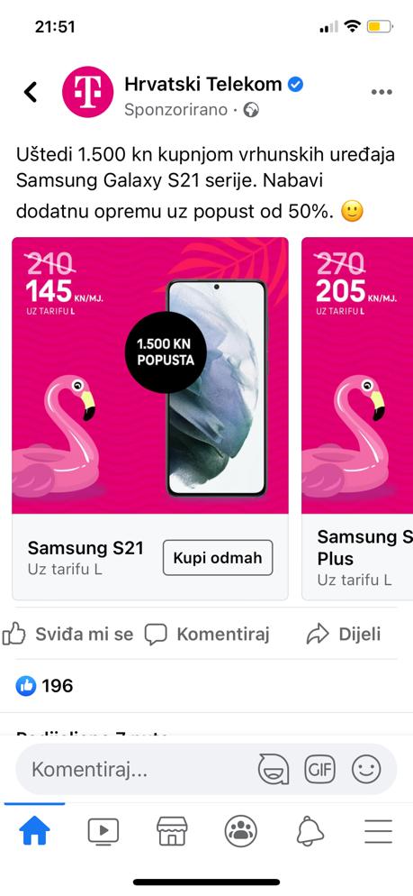 Slika 12. Sponzorirani oglas Hrvatskog Telekoma na društvenoj mreži Facebook Izvor : Snimka zaslona mobilnog uređaja nastala 25.7.2021.