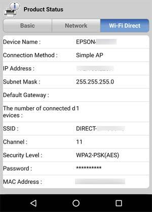 Rješavanje problema Zaslon statusa proizvoda za Web Config Otvorite internetski preglednik na povezanom uređaju i unesite IP adresu veze Wi-Fi Direct (Simple AP) kako biste otvorili Web Config.