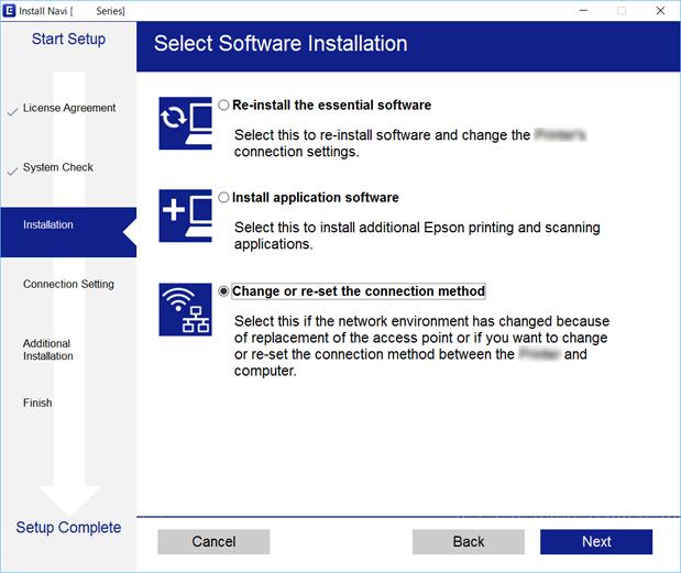 Mrežne postavke Odaberite Promijeni ili ponovno postavi način povezivanja na zaslonu Odaberite instalaciju softvera, a zatim kliknite na Dalje.