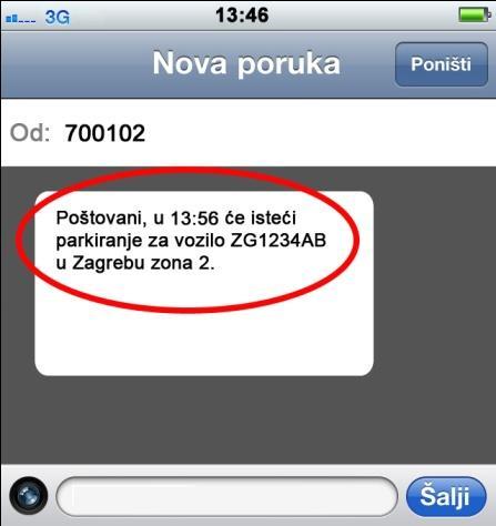 korisnik može produljiti parkiranje za idući sat tako da pošalje SMS poruku koja sadrži istu registracijsku oznaku na isti broj parkirališne zone; produženje parkiranja ovisi o vremenskom ograničenju
