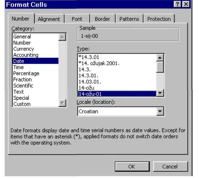 OS Klinča Sela 25 Pritisnite desnu tipku miša na raspon B3 :B33. 26 U skraćenom izborniku odaberite Format Cells. 27 Odaberite tabulator Number, pa odaberite opcije kao na slici/ 28 Odaberite OK.