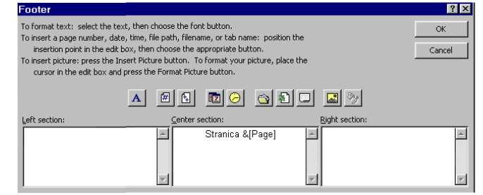 Center section, tipkajte Stranica, pritisnite razmaknicu, unesite polje numeracije stranica tako što ćete odabrati alat Page