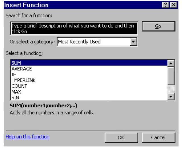 Upisivanje funkcije pomoću alata Insert Function 1 Označite čeliju G6, kao na slici: U okviru Or select a category je lista kategorija funkcija, koja vam olakšava Alat Insert Function 2 pronalaženje
