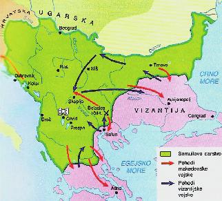 7. Na osnovu karte navedi četiri teritorije koje je obuhvatala Samuilova država osim Makedonije. 1.... 2.... 3.... 4.... 4 boda 8.