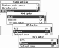 196 Radio Okrenite višefunkcijski kotačić sa Settings (Konfiguracija sustava) Radio settings (Postavke za radio) RDS options (RDS opcije) na Regional (Regionalno) Off (ISKLJUČENO), a zatim pritisnite