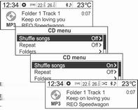 206 Audio uređaji Korištenje izbornika za CD Promjena načina reprodukcije Izbornik za CD popis pjesama Izbornik za CD mape Kada je odabrana reprodukcija, pritisnite višefunkcijski