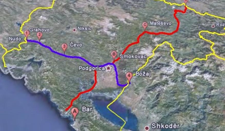 Na sledećoj slici prikazani su dva koridora koji predstavljaju planirane autoputeve kroz Crnu Goru.