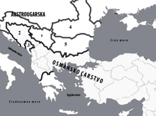 30. Na karta Balkana nakon Berlinskog kongresa brojevima su ubelježene države i teritorije. Navedite nazive tih država i teritorije po rednom broju. A. B. C. D. E. 5 bodova 31.