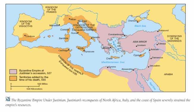Slika 3. Teritorij Bizantskog carstva prije i nakon Justinijanova osvajanja.