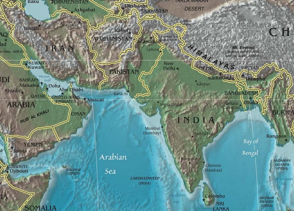 Paleozojski Gondvana ugljevi su otkriveni u Indiji, Pakistanu i Bangladešu, mezozojski u Iranu, Avganistanu, Pakistanu i Indiji.