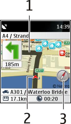 30 Mape Prikaz navigacije za vožnju 1 Maršruta 2 Vaša lokacija i pravac u kom se krećete 3 Kompas Prikaz navigacije za šetnju 1