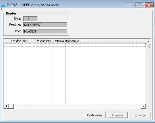 Klikom na tu tipku prikazuje se pregled JOPPD promjena odabrane osobe.