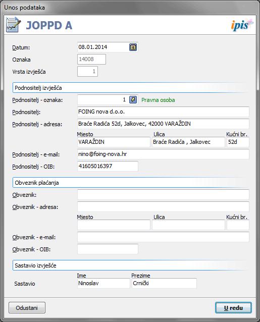 Slika 4 Upišite slijedeće podatke: Datum - upisuje se datum isplate Oznaka - program automatski generira oznaku JOPPD obrasca Vrsta izvješća - program automatski upisuje vrstu izvješća (za novi JOPPD
