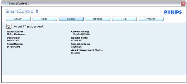 Prikazuje informacije o Asset Management u okviru Management (Upravljanje), Description (Opis), Serial Number (Serijski broj), Current Timing (Trenutno vreme), Domain Name (Naziv domena), i Asset