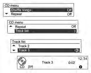 Za audio CD-ove okrenite komandno dugme MENU-TUNE iz CD menija kako biste prešli na listu numera, a zatim pritisnite dugme MENU-TUNE.