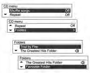 112 Infotainment sistem CD meni Folderi CD meni Pretraživanje Za MP3 (WMA) diskove okrenite komandno dugme MENU-TUNE iz CD menija kako