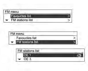 98 Infotainment sistem Okrenite komandno dugme MENU- TUNE iz stavke FM menija/am menija ili DAB menija za prelazak na listu omiljenih, a zatim pritisnite dugme MENU-TUNE.