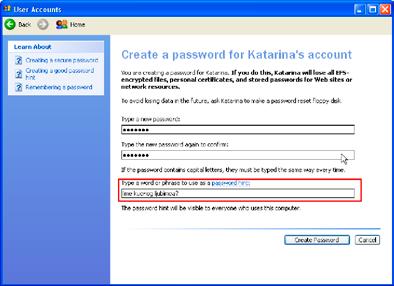 Korak 7 Otkucati reč ili frazu koja će korisnika podsetiti na lozinku u polju za tekst Unesite reč ili frazu koja će se koristiti kao podsetnik za lozinku (Type a word or phrase to use as a password