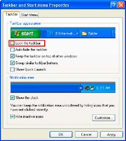 Korak 2 U okviru za dijalog Svojstva Start menija i linija poslova (Taskbar and Start Menu Properties), na kartici Linija poslova (Taskbar) isključiti polje za potvrdu Zaključaj traku zadataka (Lock