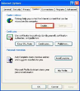 Korak 2 U okviru za dijalog Internet Opcije (Internet Options), izabrati karticu Sadržaj (Content), i u polju Savetnik za sadržaj (Content Advisor), kliknuti na dugme Omogući (Enable).