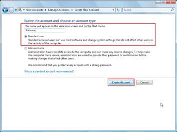 Korak 3 Otkucati ime novog naloga, izabrati opciju Standardni korisnik (Standard user), i potom kliknuti na dugme Kreiraj nalog (Create Account).