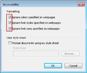 Boje, stil i veličina fonta koje su definisane na Web lokacijama će se zanemariti usled izbora ovih opcija.