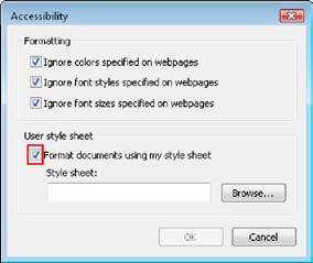 Korak 3 U okviru za dijalog Pristupačnost (Accessibility), u polju Korisnički opis stilova (User style sheet), označiti polje za potvrdu Oblikuj dokument koristeći moj