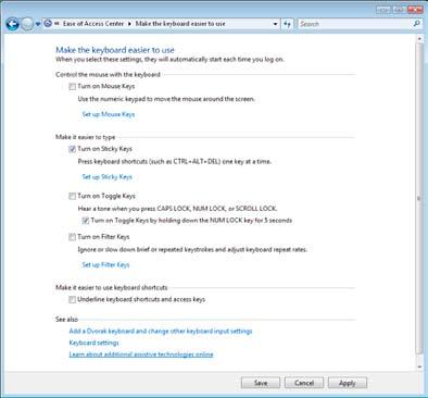 Slika 2-4. Centar za jednostavnost pristupa (Ease of Access Center), stranica Učinite tastaturu jednostavnijom za korišćenje ( Make the keyboard easier to use ) u operativnom sistemu Windows Vista.