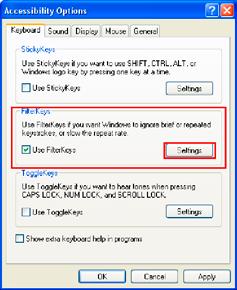 označiti polje za potvrdu Koristiti Filter tastere (Use FilterKeys), i potom kliknuti na dugme Postavke