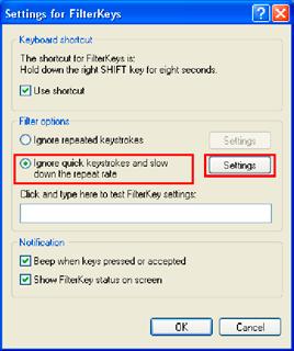 Korak 4 U okviru za dijalog Postavke za Filter tastere (Setting for FilterKeys), u okviru opcija za Filter, izabrati opciju Ignoriši ponovljene pritiske na taster i uspori brzinu ponavljanja (Ignore