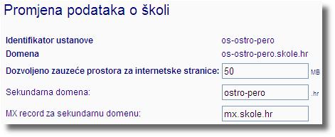 Posao u administracijskom sučelju sustava HUSO Kad dobije potvrdu o aktiviranju domene, administrator imenika treba naziv domene upisati u podatke o školi: Podaci o školi koji se odnose na domenu.