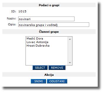 Članovi grupe dodaju se tako da se gumbom Select prijeďe u prozor za izbor članova.