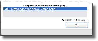 Prikaz objekta s kojeg se nasljeďuju dozvole u ovom slučaju to je web sjedište. Inicijalno većina stranica ima samo naslijeďene dozvole s cijelog web sjedišta, jednako kao naslovnica.