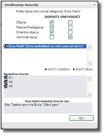 Dozvole na stranicama djelatnika i razreda Stranice pojedinih djelatnika te stranice razreda i razrednih odjela imaju drugačije postavljene dozvole.