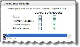 Na stranici Razredi svi mogu čitati kao i na cijelom web sjedištu, ali korisnici koji nisu prijavljeni (User anonymous) ne mogu ništa.