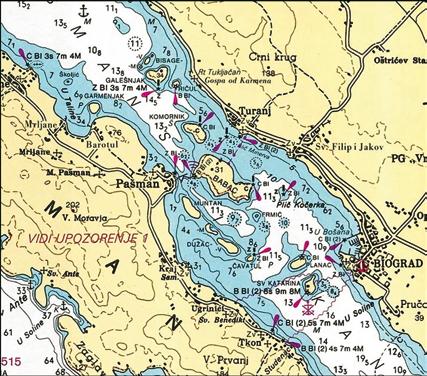 1 2 3 1-2: položaj otočića Babac na pomorskoj karti (Biograd n/m, MK 14, Državni