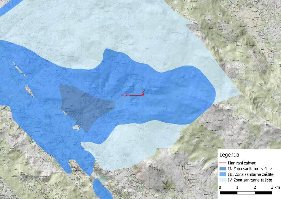 Slika 2.11 Prostiranje zona sanitarne zaštite izvorišta u odnosu na lokaciju planiranog zahvata (Izrađivač: IRES EKOLOGIJA d.o.o., Izvor: Hrvatske vode) 2.3.