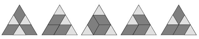Učenici će, pokušavajući sastaviti dani jednakostranični trokut, dijelove zakretati i postavljati u različite položaje te uočavati njihova geometrijska svojstva. Postoji samo pet rješenja (Slika 3).