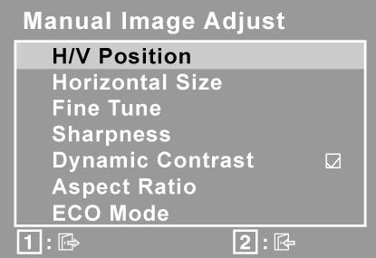 Kontrola Objašnjenje Manual Image Adjust (ručno podešavanje slike) prikazuje meni za ručno podešavanje slike. H./V.