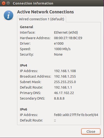 Slika 4.1.3.1. Prozor Connection Information Slika 4.1.3.2. Informacije o adresama interfejsa Ovim postupkom dobijene su sledeće IP adrese: Veb_server: 192.168.1.108/24 Host1: 192.168.1.106/24 Host2: 192.