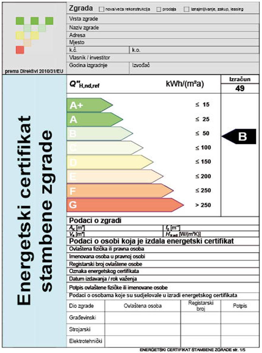 Na slici 24. prikazana je prva stranica energetskog certifikata za stambene zgrade, a na slici 25. prikazana je treća stranica energetskog certifikata za stambene zgrade. Slika 24.