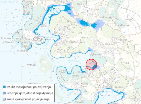 Slika 24. Karta opasnosti od poplava u blizini lokacije zahvata (izvor: http://korp.voda.