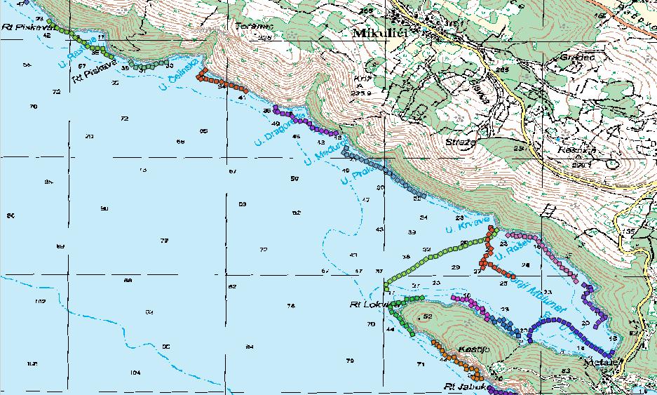 Koristeći GPS koordinate ronilačkih profila, izrađene su karte staništa duž ronjenih profila. Za definiranje staništa korištena je Nacionalna klasifikacija staništa (NKS), do treće razine.