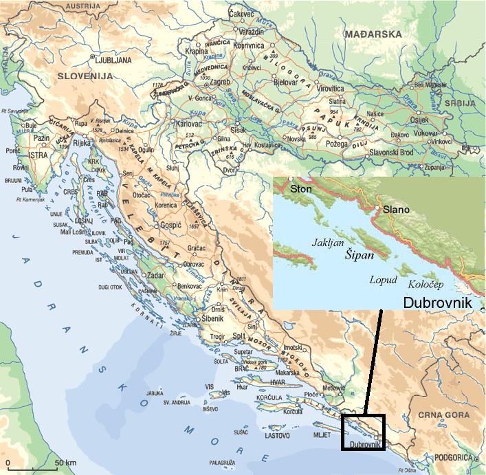 Slika 2.1. Karta istraţivanog podruĉja (http://www.croatia.eu/article.php?lang=1&id=7, http://www.inet.hr/~rkuzumil/karta.html). Podruĉje istraţivanja pripada mediteranskoj klimi.