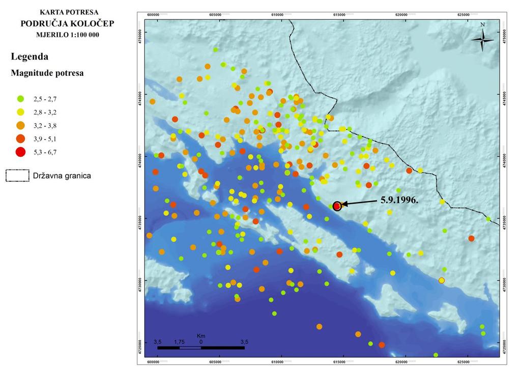 Slika 2.8. Epicentri potresa u okolici Koloĉepa, Hrvatski katalog potresa, 373 BC 2015. (preuzeto Herak, 2016, http://seizkarta.gfz.hr) (zaokruţen je Stonski potres iz 1996. godine).