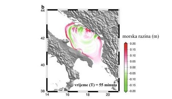 njihovom modelu, potres magnitude 6 7 izazvao bi podizanje morske razine od 20 cm, a vrijeme propagacije vala bi iznosilo 50 minuta (slika 5.6.). Slika 5.7. Snimke visina vala tsunamija za juţni dio Jadrana (modificirano prema Tiberti et al.