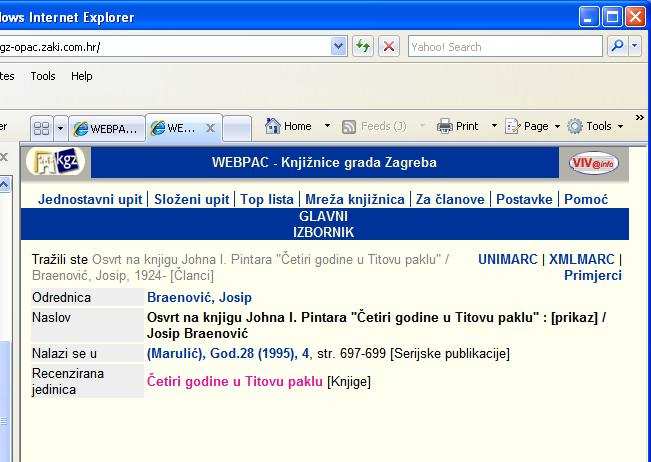U pretraživanju (WEBPAC) se za Braenovićev članak iza