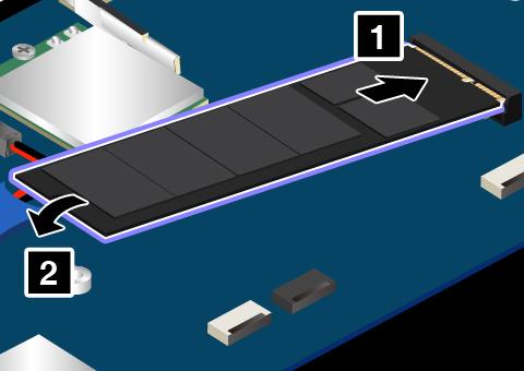 6. Uklonite M.2 SSD uređaj. 7. Poravnajte ivicu kontakta novog M.2 SSD uređaja sa ključem na priključku. Zatim pažljivo umetnite M.2 SSD uređaj u priključak pod uglom od oko 20 stepeni.
