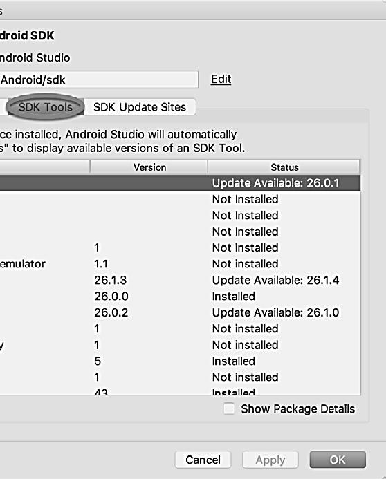 Slika 2-6 Na ekranu Android SDK Tools uverite se da su sledeći paketi izlistani kao Installed u koloni Status: Android SDK Build-tools Android Emulator Android SDK Platform-tools Android SDK Tools